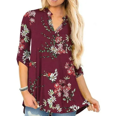 Niuer Women Roll Up Long Sleeve Shirts Casual Loose Fit Blouse Short Sleeve Ruffle Button Up Tunic Tops Paisley Flare Henley T-Shirts