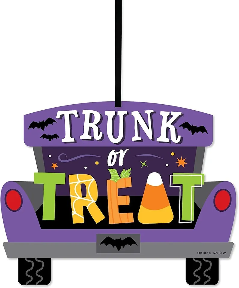 Trunk or Treat - Hanging Porch Halloween Car Parade Party Outdoor Decorations - Front Door Decor - 1 Piece Sign