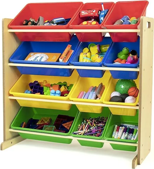 Humble Crew, Natural/Primary Kids' Toy Storage Organizer with 12 Plastic Bins, 34*35*15.5inch