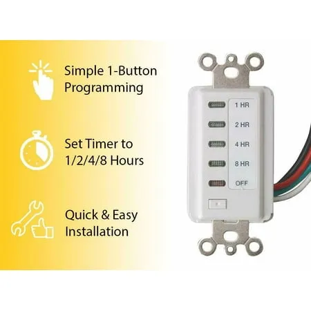 Bathroom Fan Auto Shut Off Timer 2-4-8-12 Hour Preset Countdown Wall Switch 