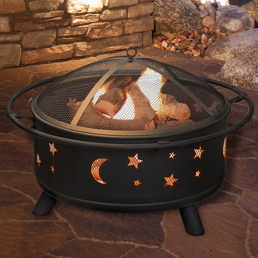 Cast Iron Fire Pits, Outdoor Round Wood Burning Fire Pit Bowl with Mesh Screen,Fireplace Poker,29 inch cast Iron Black