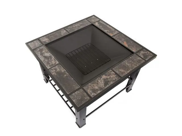 Fire Pit Set, Wood Burning Pit - Includes Screen, Cover And Log Poker - Great For Outdoor And Patio, 30 Inch Square Marble Tile Firepit By