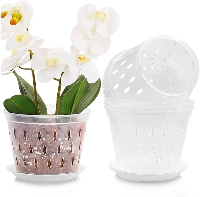 Kitypartsy 8 inch 4 Pack Orchid Pots with Holes and Saucers, Clear Plastic Orchid Pots for Repotting