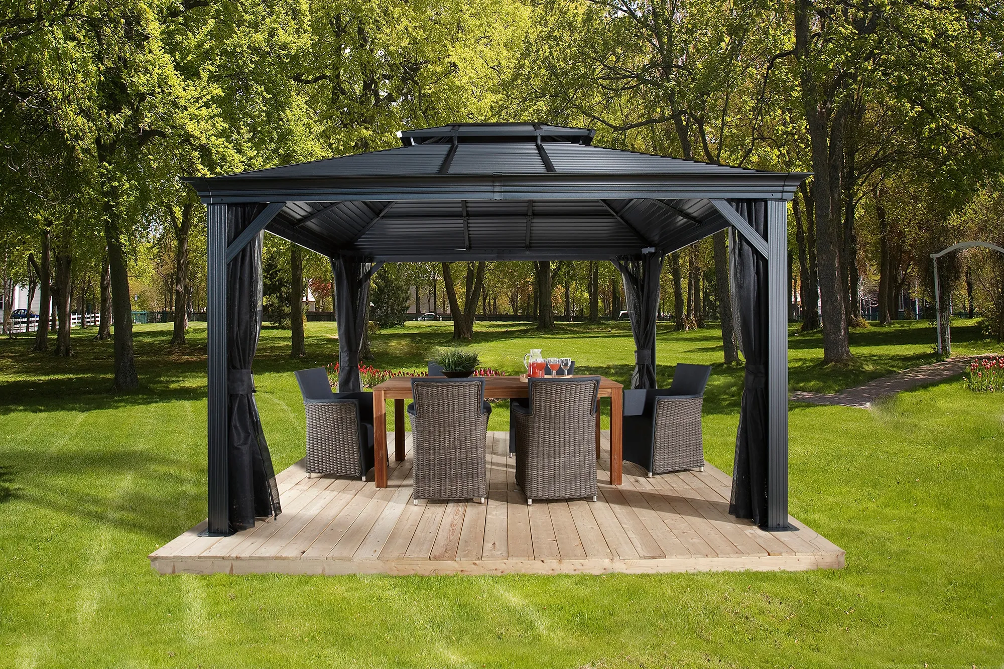 Sojag 12-ft x 16-ft Mykonos II Rectangle Dark Grey Metal Steel Roof Gazebo with Screen Included Lowes.com