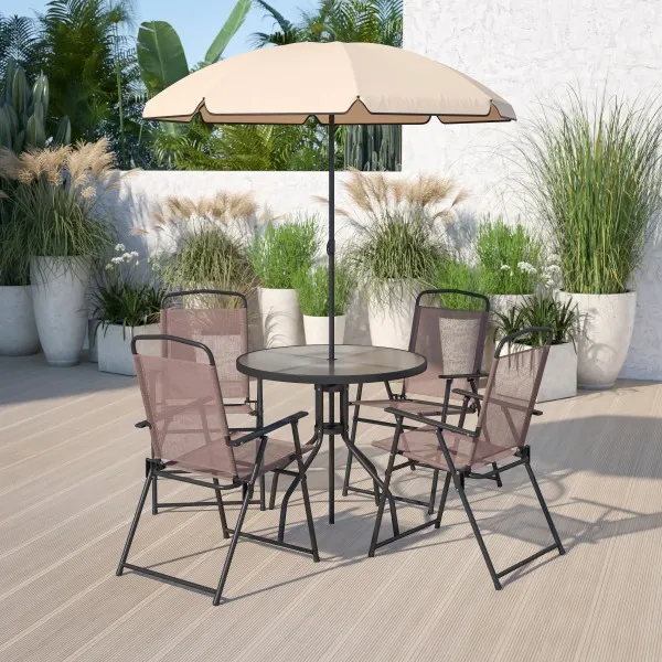 Flash Furniture Nantucket 6-Piece Patio Garden Table Set with Umbrella and 4 Folding Chairs