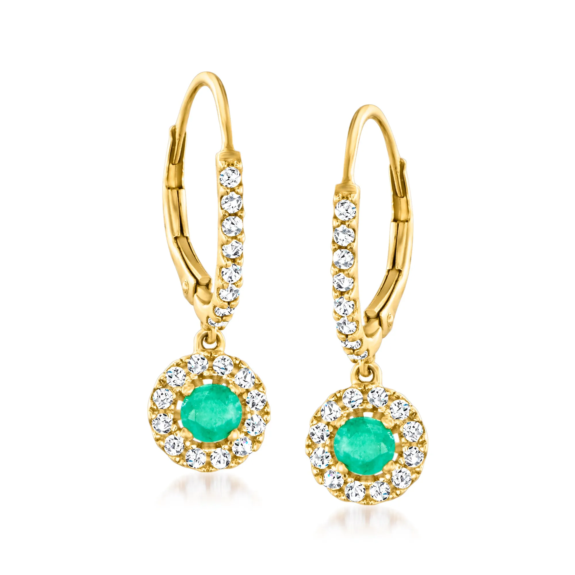 Ross-Simons Emerald and . White Zircon Drop Earrings in 18kt Gold Over Sterling