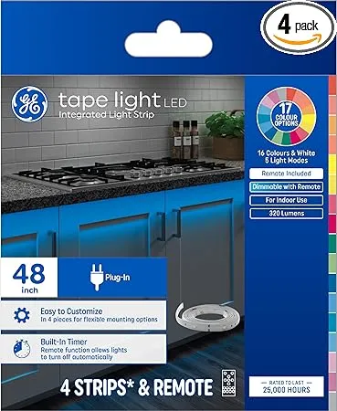 GE LED Tape Light Plug-In Fixture, Color Changing Light Tape with Remote, No App or Wi-Fi Required, 12 Inches (4 Pack)