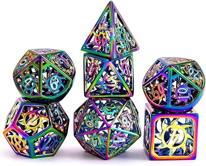 7pcs Metal Dice Set D&D, New Hollow DND Metal Dice Set, Used for Dungeon and Dragon Dice Games, Pure Copper Carving Craft + Ename