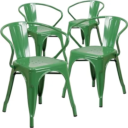 Flash Furniture Commercial Grade Metal Indoor-Outdoor Chair With Arms, Green