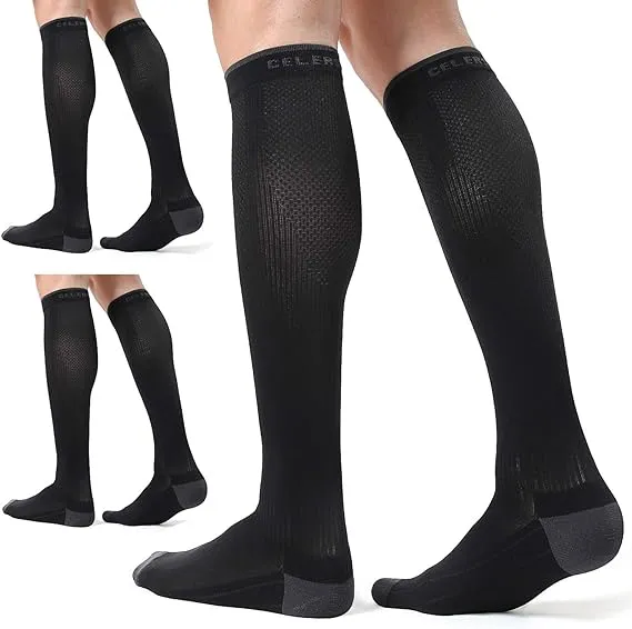 CELERSPORT 3 Pairs Compression Socks for Men and Women 20-30 mmHg Running Support Socks, Black (3 Pack), Large/X-Large