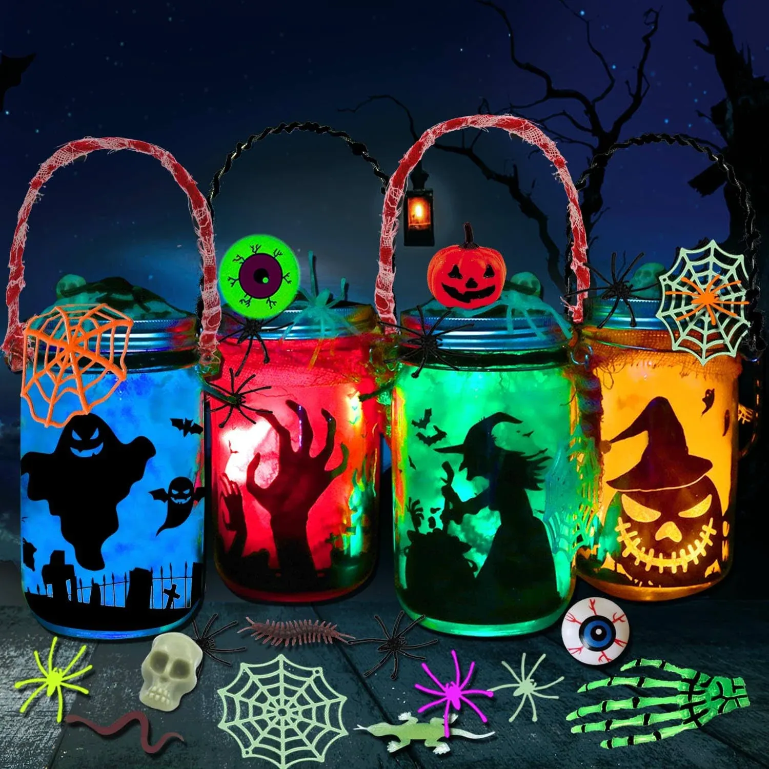 4 Pack Halloween DIY Lantern Jar Craft Kit Decor Supplies Gifts ,Halloween Crafts for Kids Ages 4-12 ,for Adult ,Crafts Activities for School, Indoor Outdoor Garden Home DIY Decor Art Kit Project