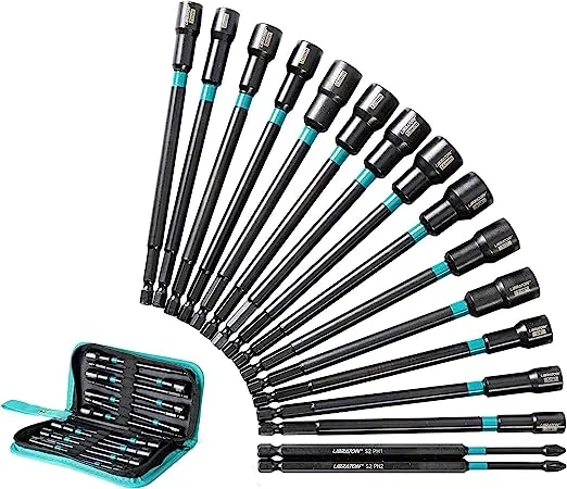 Libraton 16PCS Magnetic Nut Driver Set, Long Nut Drivers 6INCH, Metric & SAE Nut Drivers for Impact Drill, Long Shank Nut Driver Bits, 1/4"Hex Shank, Long Power Bits, PH1, PH2, with Storage Bag