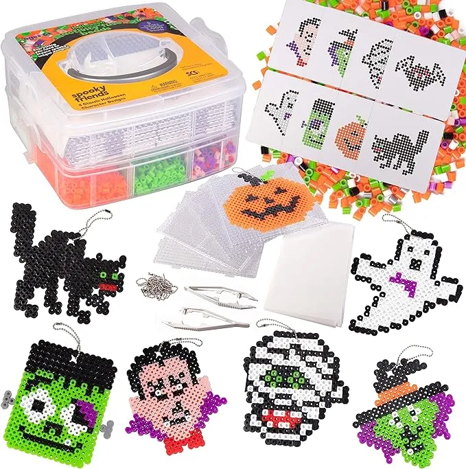 3000 Pc Halloween Monster Fuse Bead Kit w 8 Keychains w Case-Ghost, Witch, Vampire-Spooky Ornaments & Decorations -Kids DIY Bulk Craft Toy Gift -Indoor Halloween Haunted House Birthday Party Activity