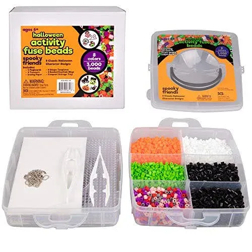 3000 Pc Halloween Monster Fuse Bead Kit w 8 Keychains w Case-Ghost, Witch, Vampire-Spooky Ornaments & Decorations -Kids DIY Bulk Craft Toy Gift -Indoor Halloween Haunted House Birthday Party Activity