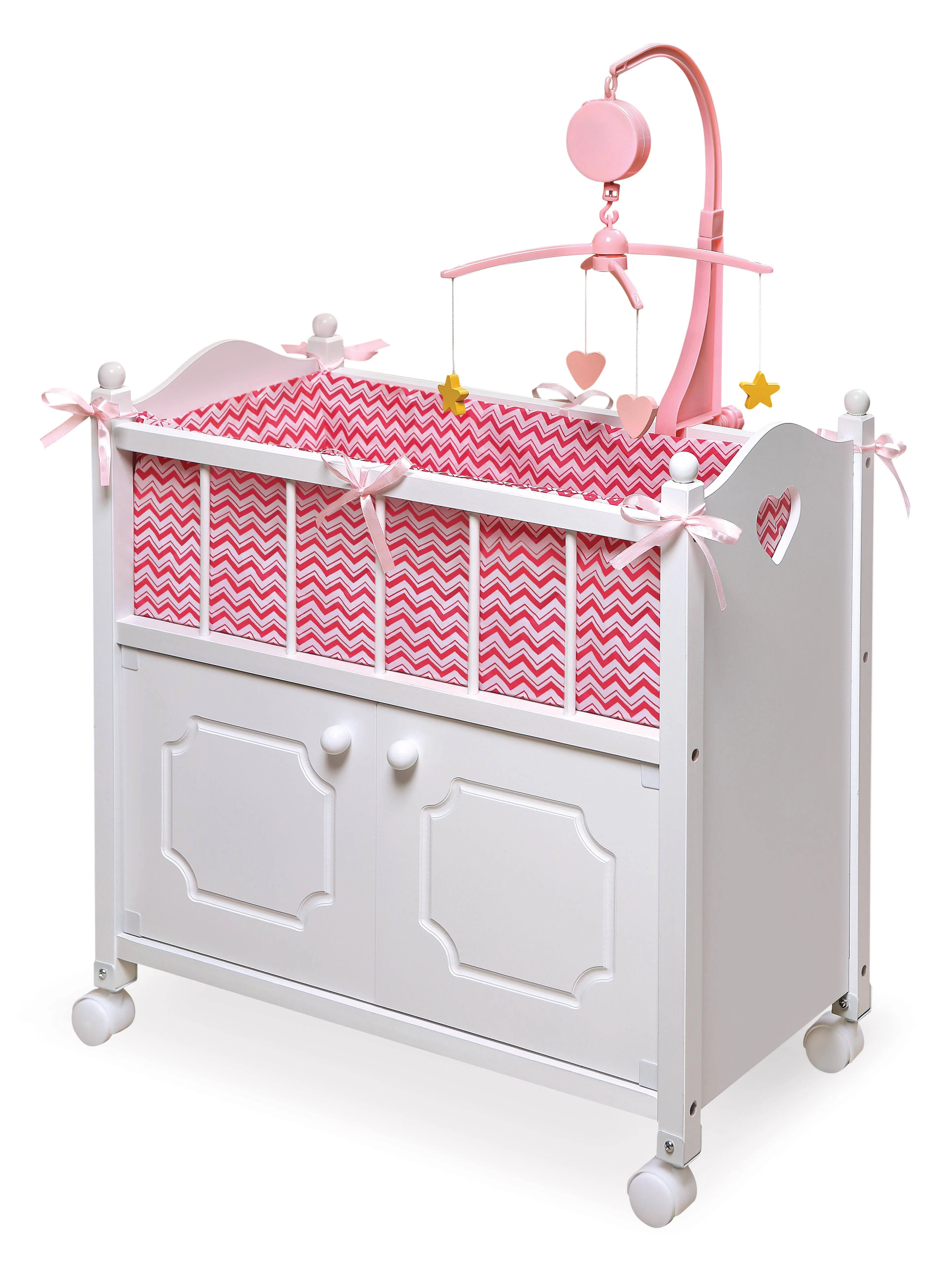 Badger Basket Chevron Doll Crib with Cabinet, Bedding, and Mobile - White/Pink