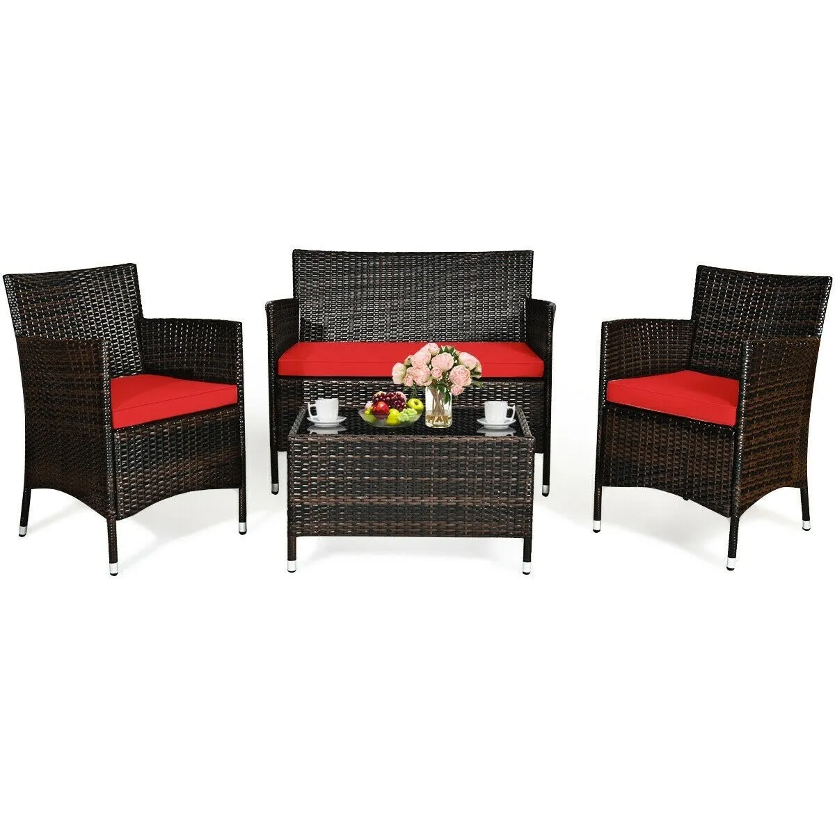 4 Pieces Rattan Outdoor Patio Conversation Furniture Set with Glass Table and Comfortable Wicker Sectional Sofa