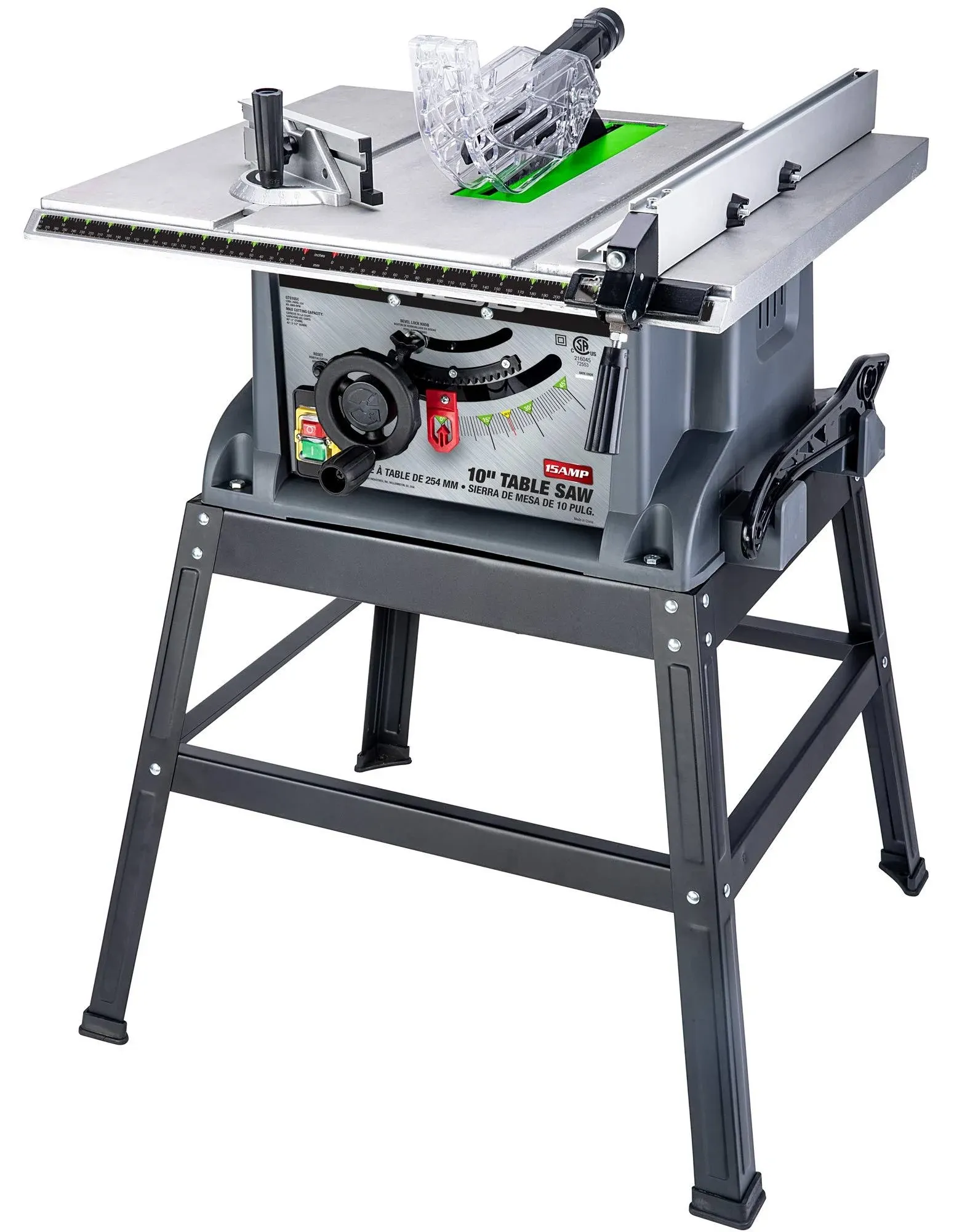 10 in. 15 Amp Table Saw with Metal Stand, Miter Gauge, Push Stick and Rip Fence