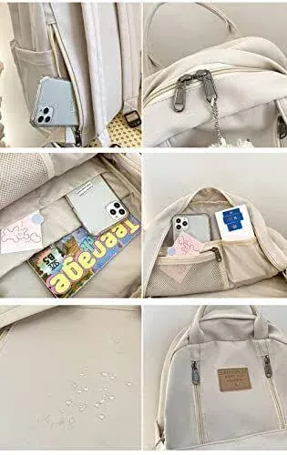 Preppy Backpack With Plushies Cute Backpack For Teen Girls Light White