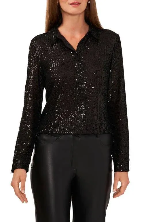 Women's Long-Sleeve Sequin Button-Up Shirt in Black | Size XS | Abercrombie & Fitch