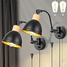 QianZhan Plug in Wall Sconces Light Fixtures Set of 2, Black Swing Arm Wall Light with Plug in Cord Dimmable Wall Mounted Lighting for Bedroom Living Room Farmhouse