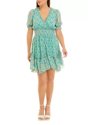 Taylor Women's Short Sleeve V-Neck Ruffle Trim Floral Print Chiffon Fit And Flare Dress