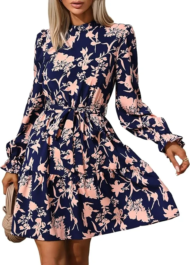 Floerns Women's Mock Neck Long Sleeve Floral Print Ruffle Short Dress