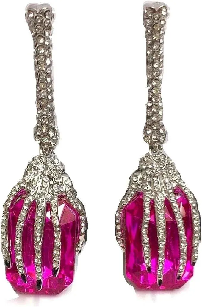 Betsey Johnson Halloween Skeleton Hand on Large Pink Stone Drop Earrings NEW