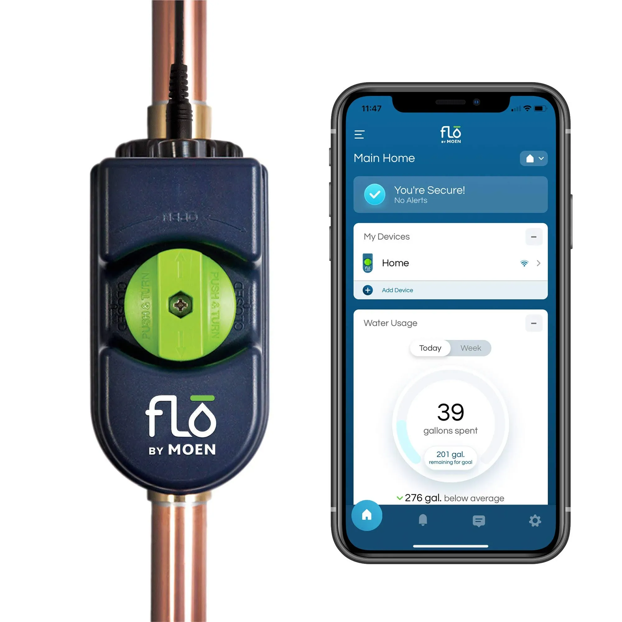 Moen Flo Smart Water Monitor 1-in to 1-1/4-in Indoor/Outdoor Smart Water Leak Detector with Automatic Shut-off Valve