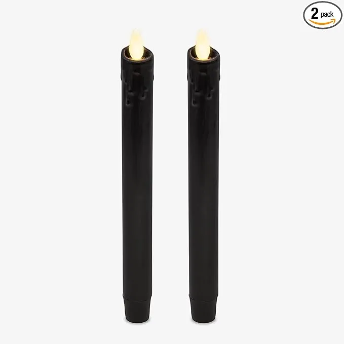 Luminara Black Set of 2 Wax Drip Flameless Candle Tapers (1 x 9.5 inch), Moving Flame LED Candle Unscented Real Wax with Dripped Top Timer Function, Table, Mantel, Holiday Decoration