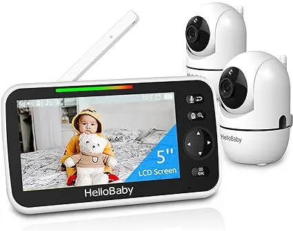 HelloBaby 5’’ Baby Monitor with 26-Hour Battery, 2 Cameras Pan-Tilt-Zoom, 1000ft Range Video Audio Baby Monitor No WiFi, VOX, Night Vision, 2-Way Talk, 8 Languages and Baby Registry SearchHelloBaby 5’’ Baby Monitor with 26-Hour Battery, 2 Cameras Pan-Til