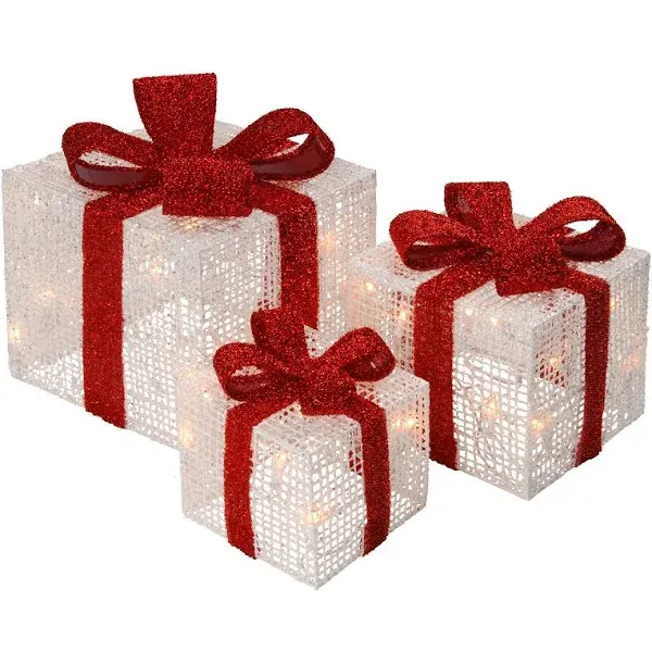 Set of 3 Lighted Gift Boxes Christmas Decoration - Pre-Lit Present with Ribbons and Bows - Light up Gift Box for Indoor Outdoor Yard Home Decor