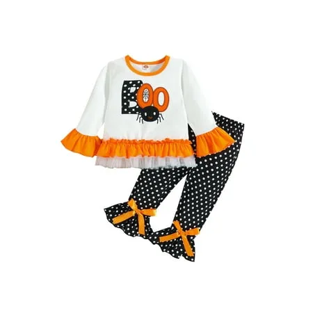 Bagilaanoe 2Pcs Toddler Baby Girl Halloween Outfits Embroidery Ruffle Long Sleeve T-Shirt Tops + Flared Trousers 9M12M 18M 24M 3T 4T Infant Fall Long Pants Set