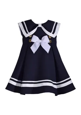 Bonnie Jean Baby Girl Short Sleeve Nautical Bow Dress, Navy Blue, 2T