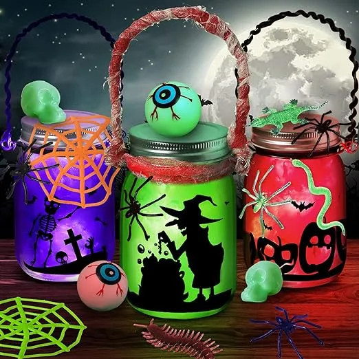 Halloween Crafts Activities For Kids Ages 4-12 ,3 pcs Glass Mason Jar for School Halloween Art Activities,Classroom Prizes,Halloween Craft Supplies,DIY Lantern Jar for Gifts Halloween Party Favors