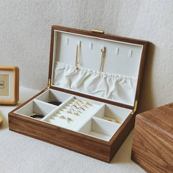 Solid Wood Jewelry Box with Drawer, Walnut Wood Storage Box, Wooden Earring Bracelet Necklace Rings Watch Organizer Box