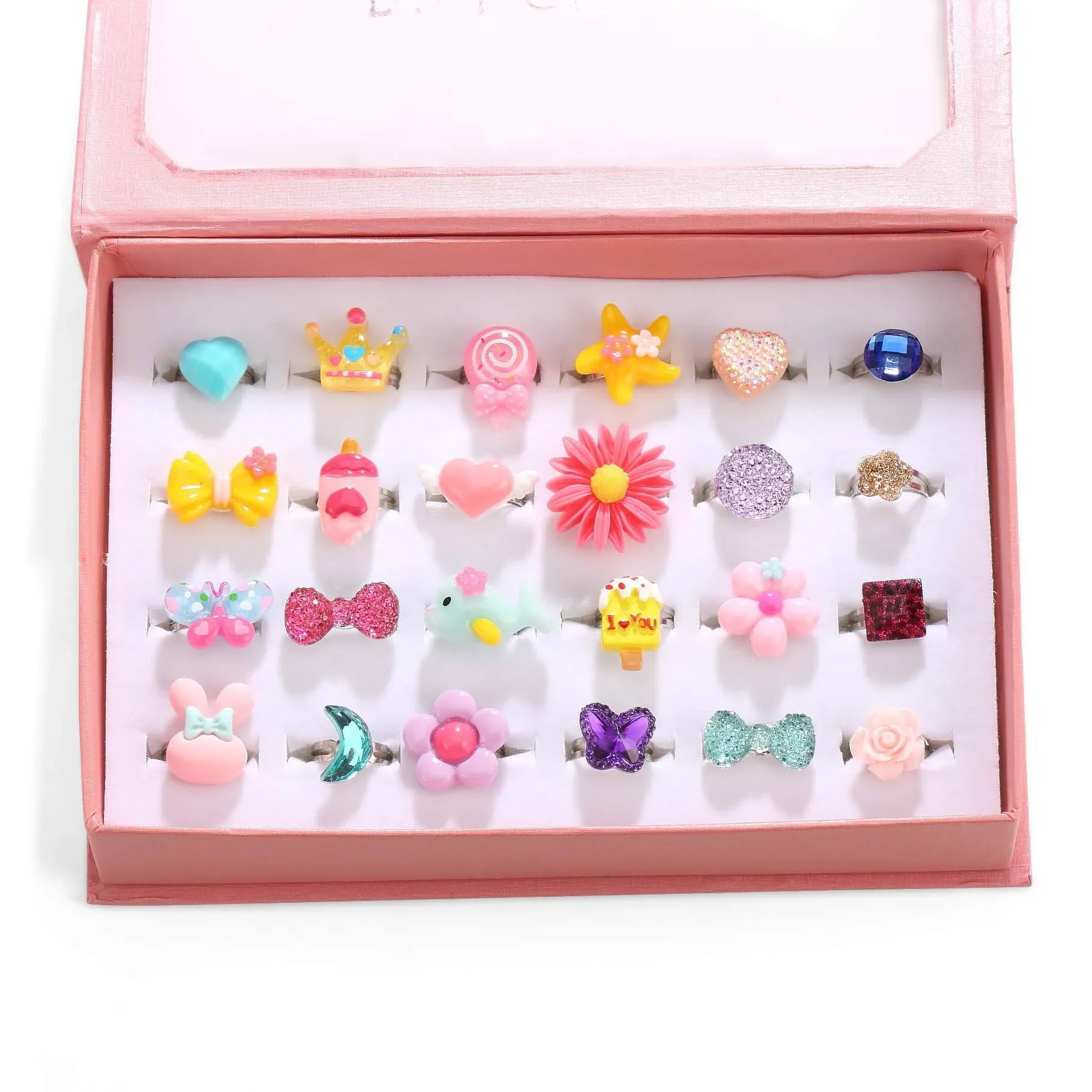 PinkSheep Little Girl Jewel Rings in Box, Adjustable, No Duplication, Girl Pretend Play and Dress Up Rings