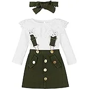 Weixinbuy Toddler Fall Outfits for Girls Ruffle Long Sleeve Ribbed T-Shirt Top+Suspender Skirt 3Pcs Winter Clothes Set