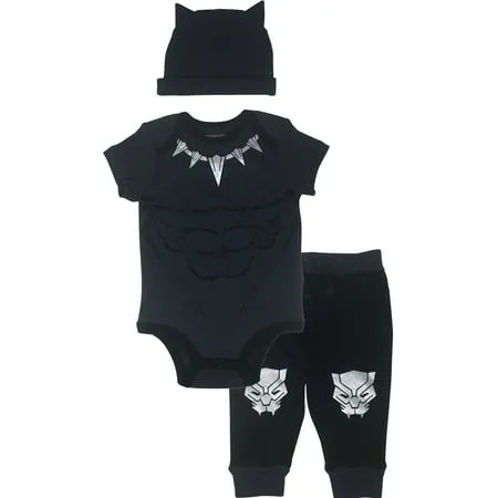 Marvel Avengers Black Panther Infant Baby Boys Cosplay Bodysuit Pants and Hat 3 Piece Outfit Set Newborn to Infant