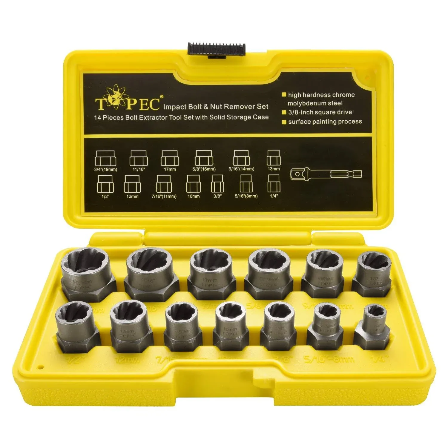 Topec 13+1 Piece Impact Bolt & Nut Remover Set - 3/8" Drive with Nut Extractor Socket, Hex Adapter, and Bolt Remover Tool for Damaged, Rusted, or Rounded-Off Bolts, Nuts, and Screws.