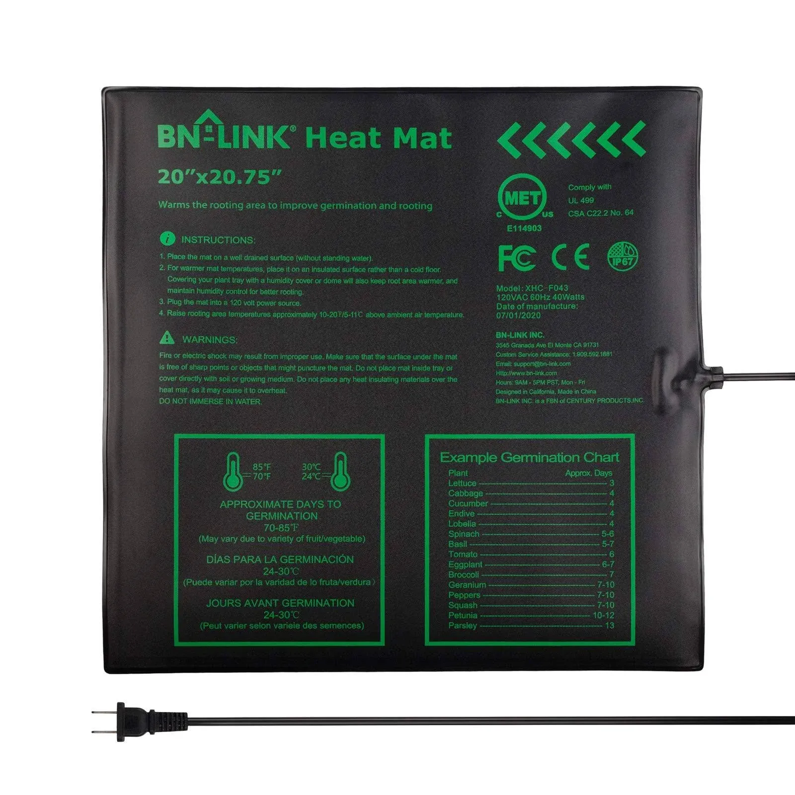 BN-LINK Durable Seedling Heat Mat Warm Hydroponic Heating Pad Waterproof 20" x 20 ...