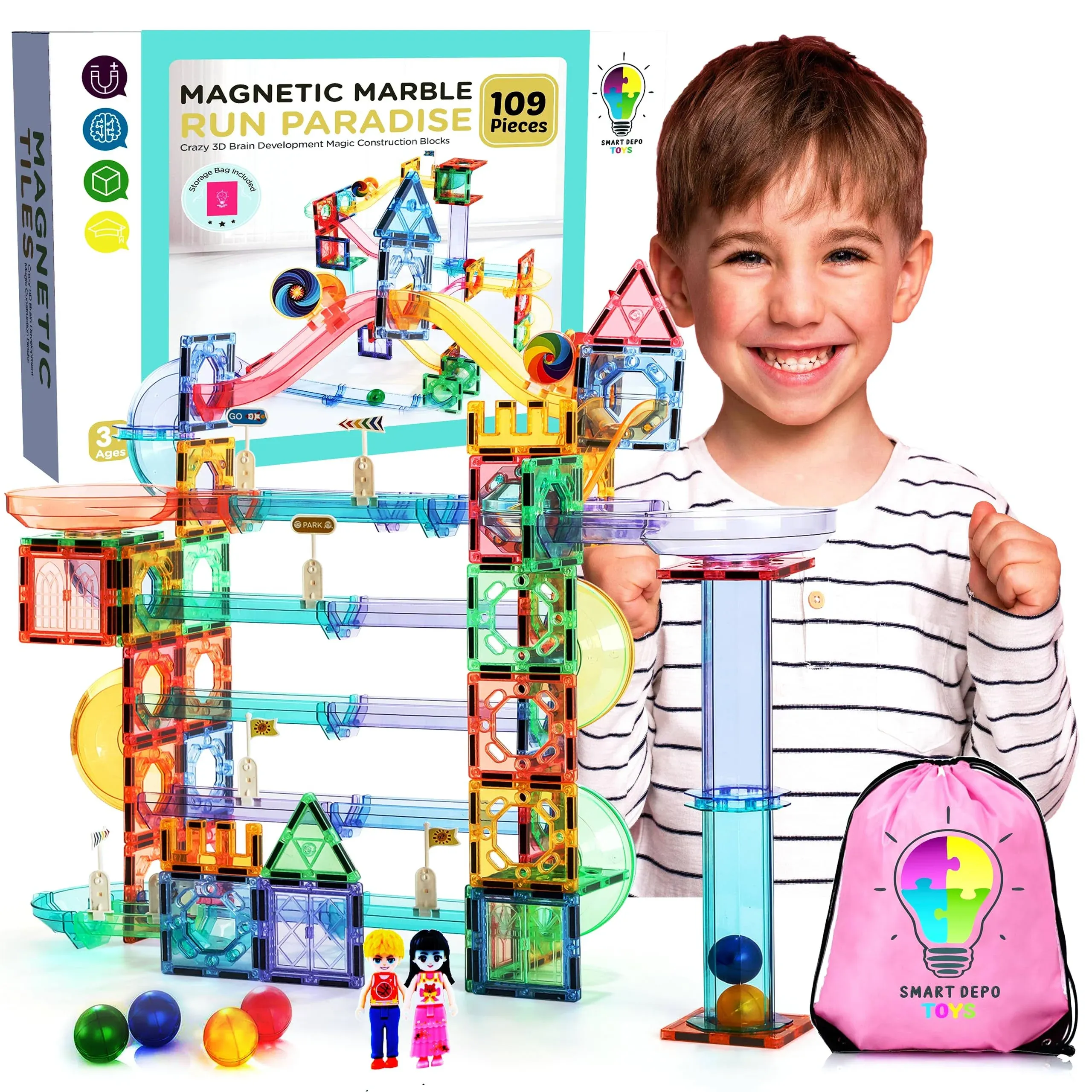 Smart Depo Toys Magnetic Tiles Marble Run 109pcs Marbles Magnet Maze Game Race ...