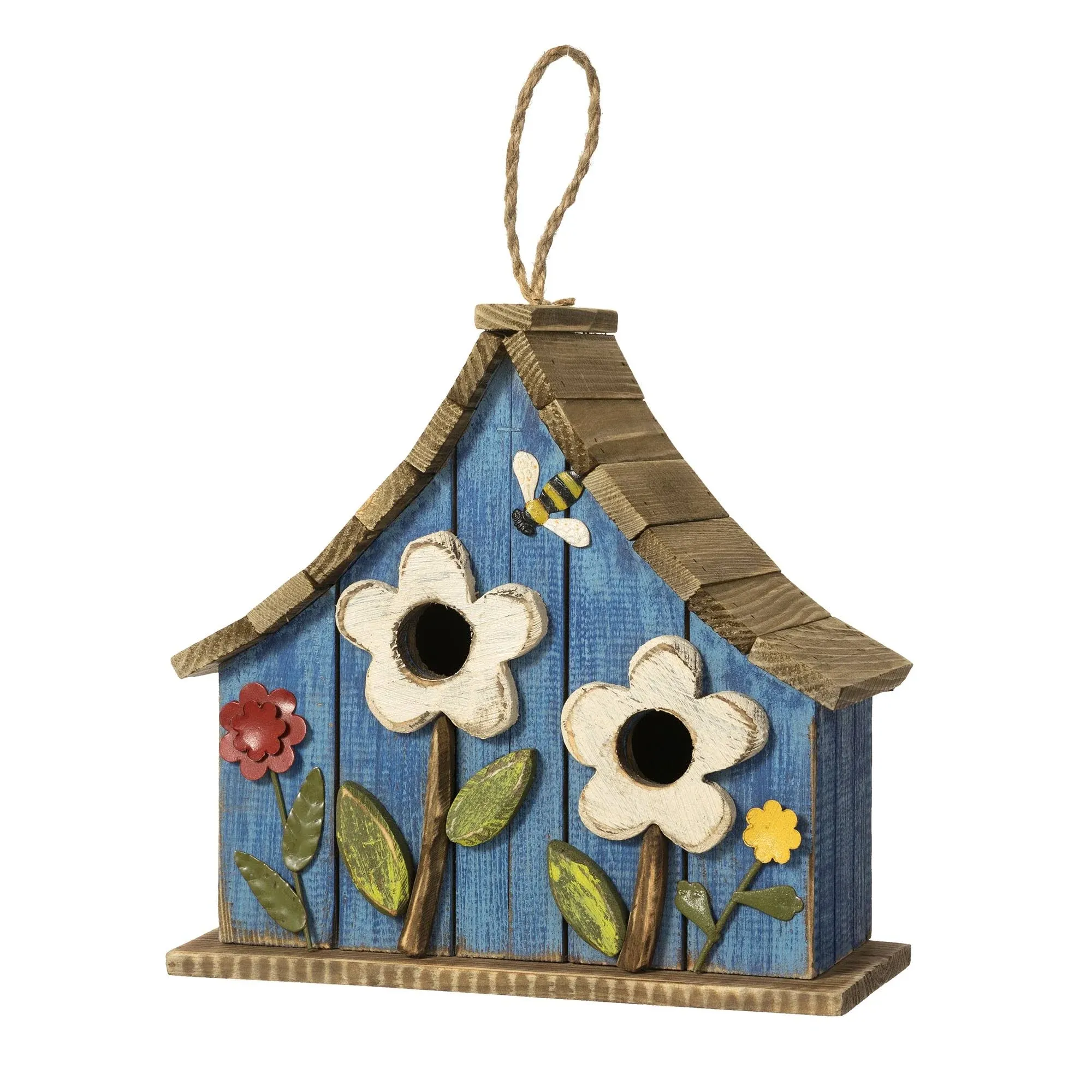 Glitzhome GH90097 Distressed Decorative Solid Wood Birdhouse, 10.25 inch Tall, Blue