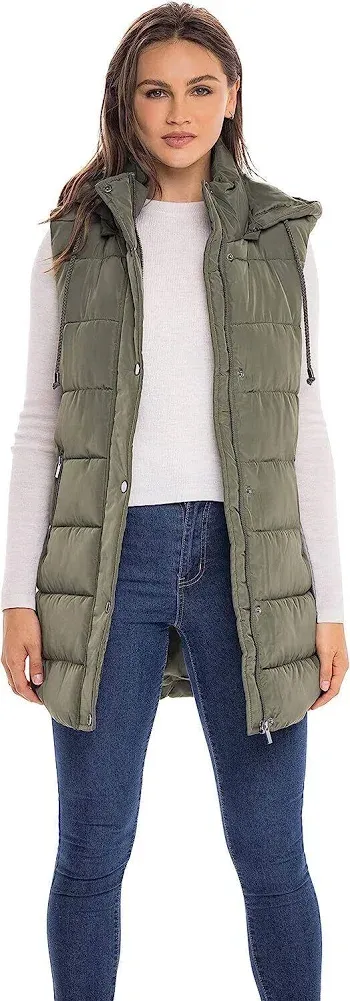 S.E.B. by SEBBY Women&#039;s Long Puffer Vest, Quilted Faux Down Filled Hooded Vest f