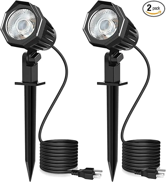 MEIKEE 15W Spot Lights Outdoor 1500LM 2700K Warm White LED Landscape Lights, 120V AC, IP66 Waterproof Outside Spotlights with Stake for Pathway House Garden Decor Uplights with US 3-Plug, 2 Packs