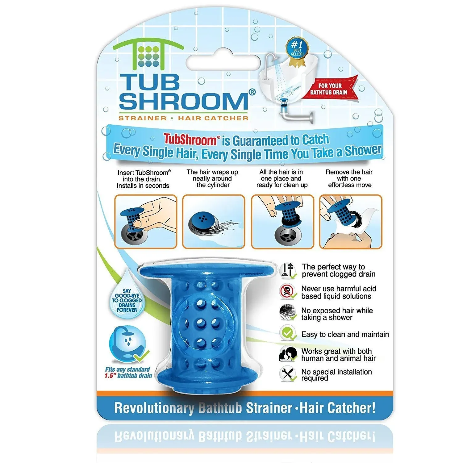 TubShroom Tub Hair Catcher Drain Protector, Fits 1.5 inch-1.75 inch, Gray