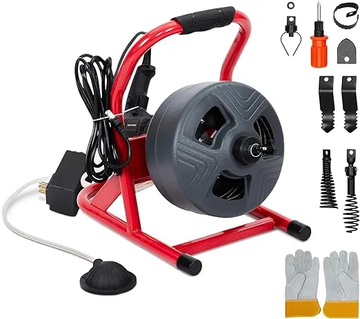 100Ft x 3/8 Inch Drain Cleaner Machine 370W, Auto-feed Electric Drain Auger with 6 Cutters, Glove, Drain Auger Cleaner Sewer Snake