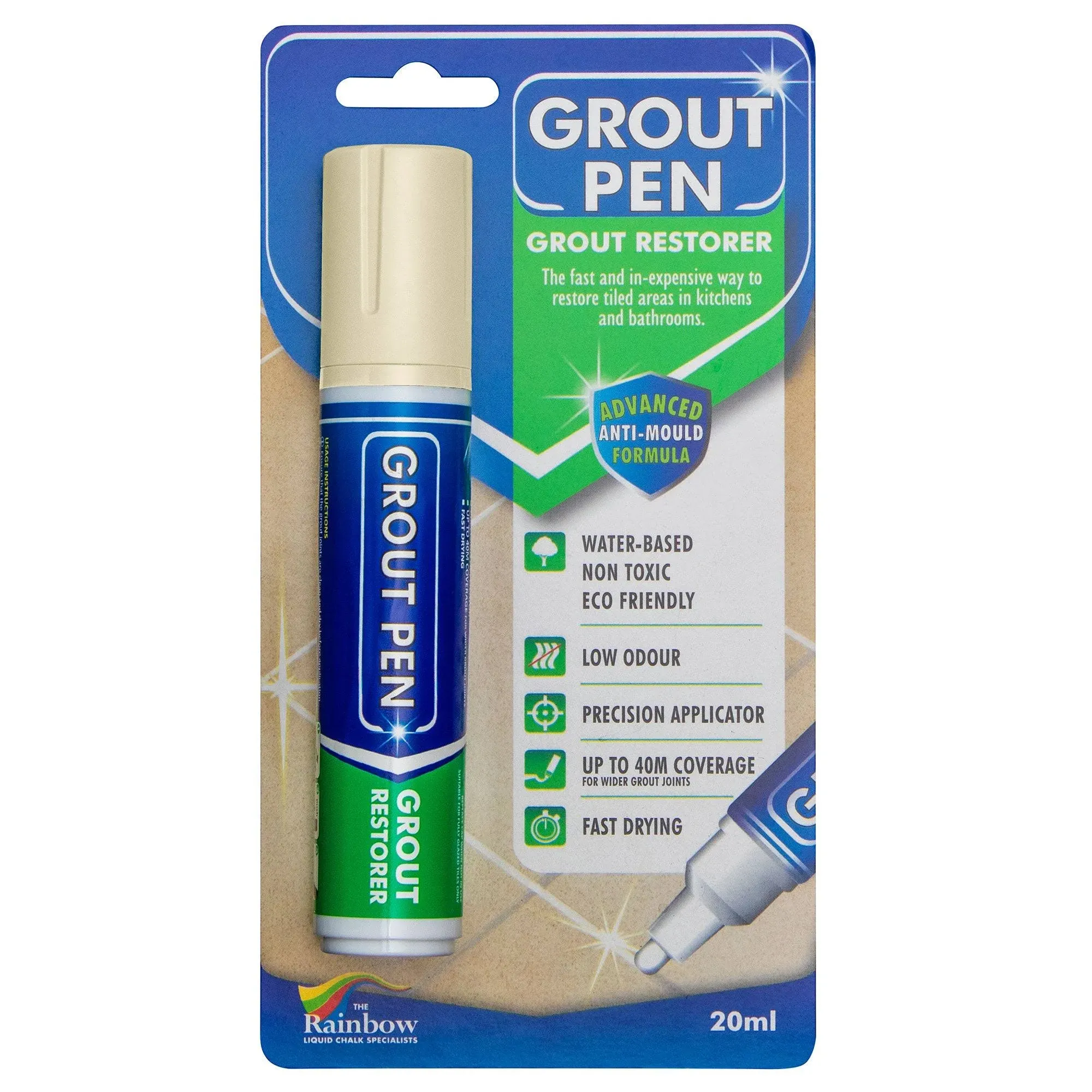 Rainbow Chalk Markers Limited Large Grout Pen - Revives & Restores Stained Tile Grout Leaving A Clean Fresh Look (Cream)