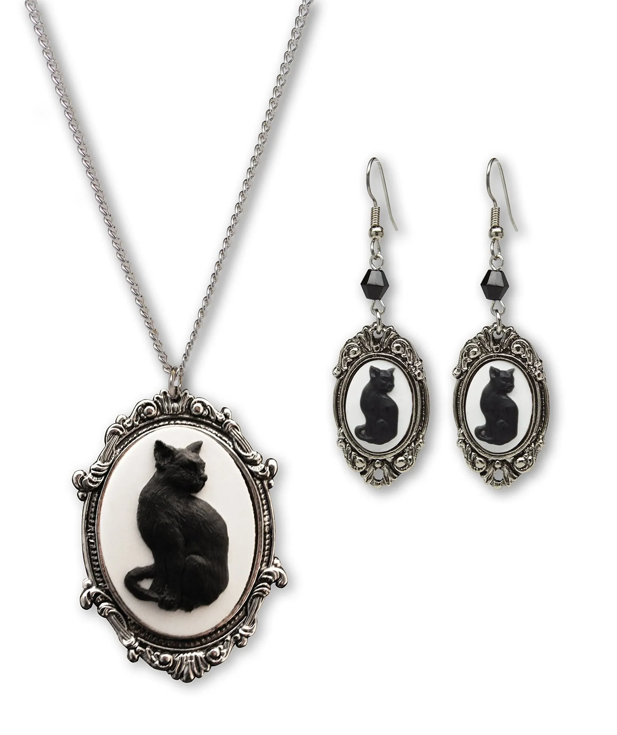 Black Cat Cameo Silver Finish Frame Necklace and Dangle Earrings Jewelry Set