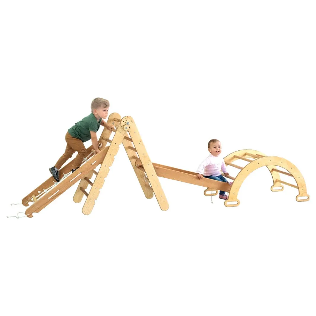 Goodevas 4in1 Montessori Climbing Set Triangle Ladder + Arch/Rocker + Slide Board/Ramp + Net