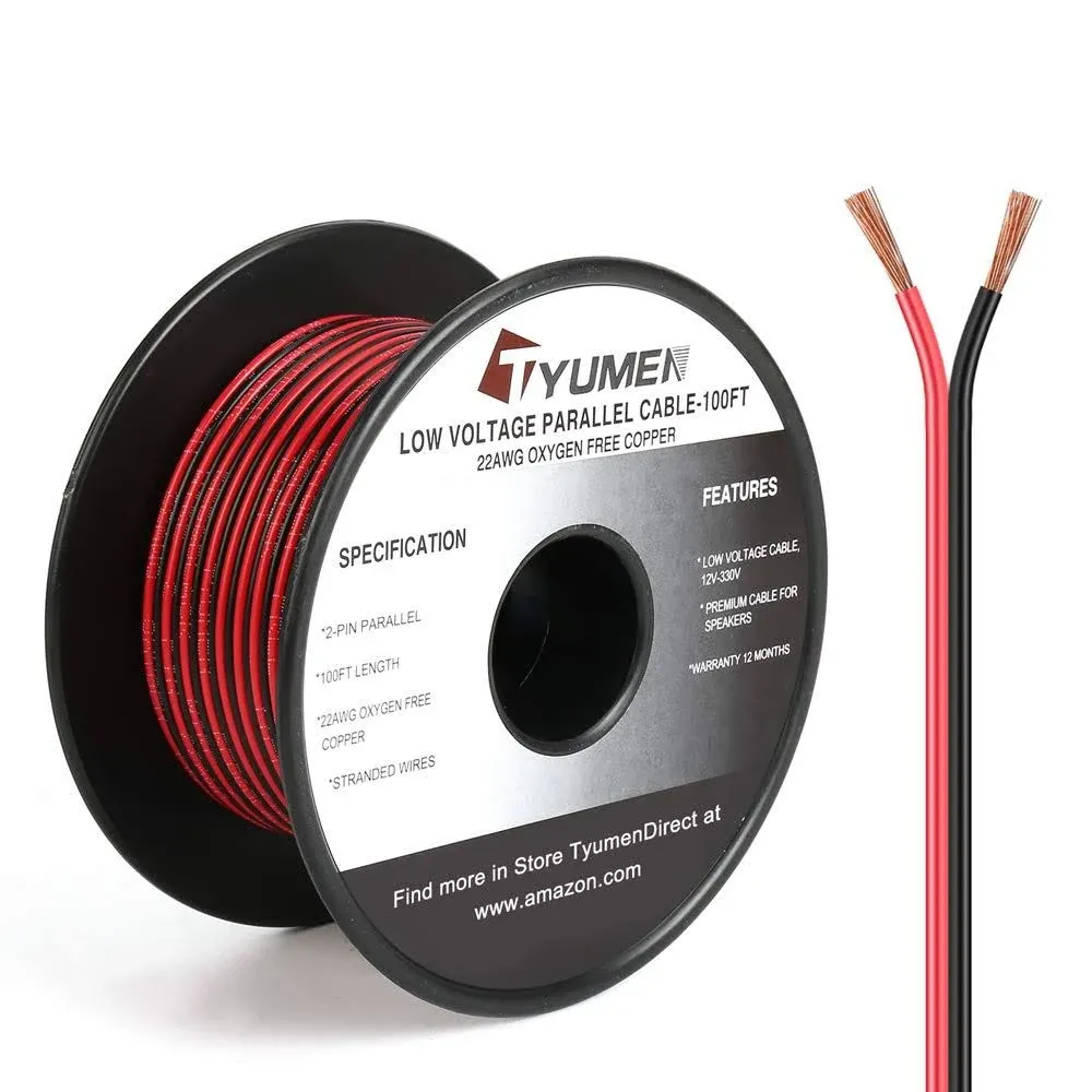 Tyumen 100ft 22 Gauge 2Pin 2 Color Red Black Cable Hookup Electrical Wire LED Strips Extension Wire, 22AWG OFC 12V/24V DC Extension Cable Wire Cord